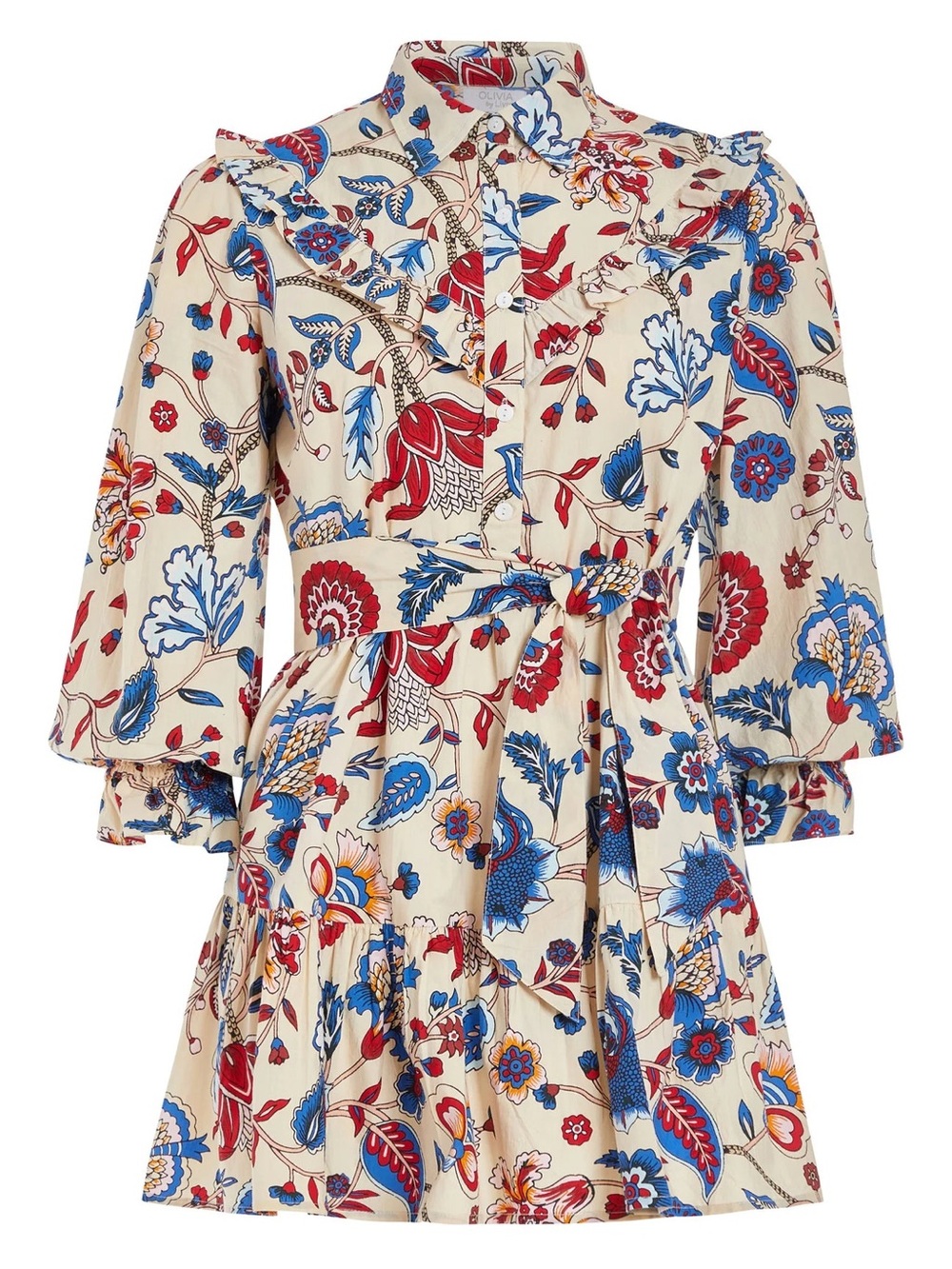 Floral Ruffle Tie-Waist Mini Dress in Cream with Red & Blue Print